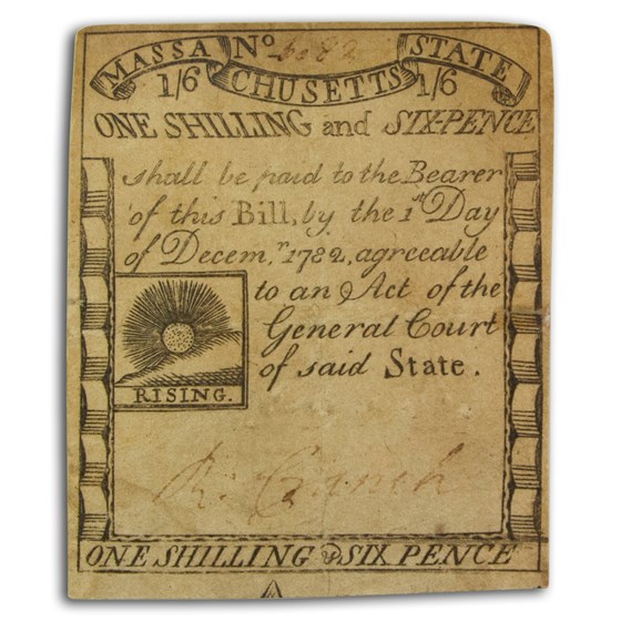 1779 1 Shilling 6P MA Rising Sun 12/1/79 VF (Fr#MA-267) 1779 1 Shilling 6P MA Rising Sun 12/1/79 VF (Fr#MA-267)
