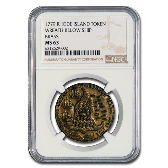1779 Rhode Island Ship Token Colonial MS-63 NGC (Brass) 1779 Rhode Island Ship Token Colonial MS-63 NGC (Brass)