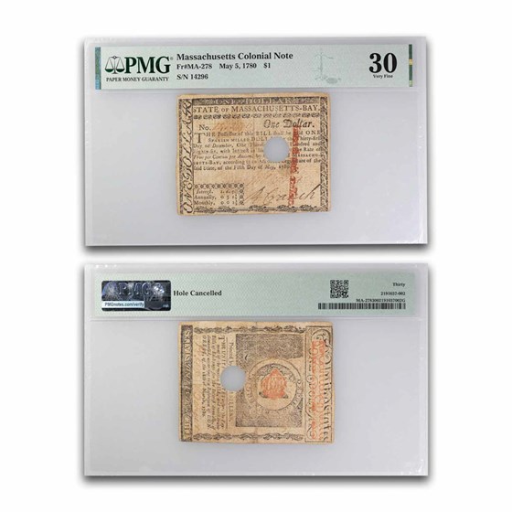 1780 $1.00 MA 5/5/1780 VF-30 PMG (Fr#MA-278) Cancelled 1780 $1.00 MA 5/5/1780 VF-30 PMG (Fr#MA-278) Cancelled
