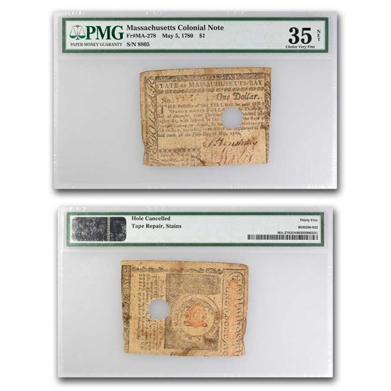 1780 $1.00 MA 5/5/1780 VF-35 NET PMG (Fr#MA-278) NET Cancelled 1780 $1.00 MA 5/5/1780 VF-35 NET PMG (Fr#MA-278) NET Cancelled