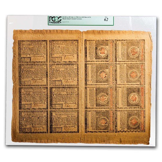 1780 $1-$20 Rhode Isl 7/2/80 CU-62 PCGS (Fr#RI-282-289) 8 Uncut 1780 $1-$20 Rhode Isl 7/2/80 CU-62 PCGS (Fr#RI-282-289) 8 Uncut