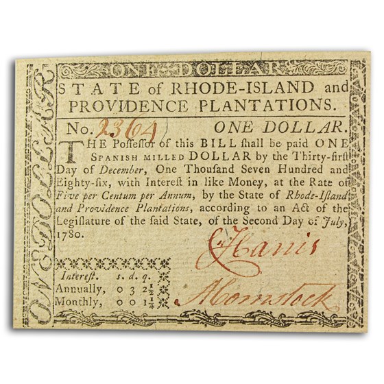 1780 $1 Rhode Island 7/2/1780 CU (Fr#RI-282) 1780 $1 Rhode Island 7/2/1780 CU (Fr#RI-282)