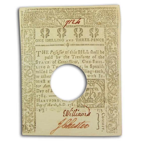 1780 1 Shilling 3 Pence CT 3/1/1780 CU (Fr#CT-220) Cancelled 1780 1 Shilling 3 Pence CT 3/1/1780 CU (Fr#CT-220) Cancelled
