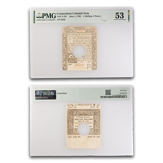1780 1 Shilling, 3 Pence CT 6/1/1780 AU-53 PMG (Fr#CT-227) Cancel 1780 1 Shilling, 3 Pence CT 6/1/1780 AU-53 PMG (Fr#CT-227) Cancel