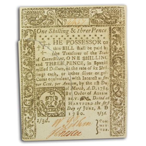 1780 1 Shilling, 3 Pence CT 6/1/1780 CU (Fr#CT-227) Cancelled 1780 1 Shilling, 3 Pence CT 6/1/1780 CU (Fr#CT-227) Cancelled
