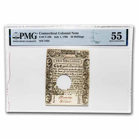1780 10 Shillings CT 7/1/80 AU-55 PMG (Fr#CT-238) Cancelled