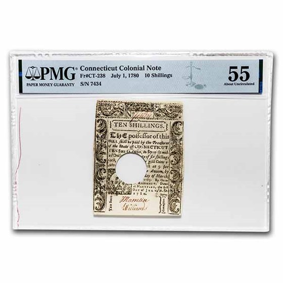 1780 10 Shillings CT 7/1/80 AU-55 PMG (Fr#CT-238) Cancelled 1780 10 Shillings CT 7/1/80 AU-55 PMG (Fr#CT-238) Cancelled