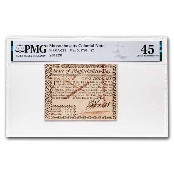 1780 $2 Massachusetts 5/5/1780 CH XF-45 PMG (Fr#MA-279) Cancelled 1780 $2 Massachusetts 5/5/1780 CH XF-45 PMG (Fr#MA-279) Cancelled