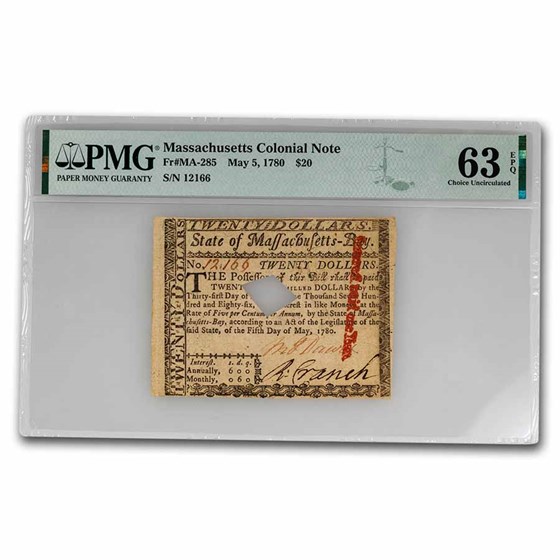1780 $20 Massachusetts 5/5/1780 CU-63 EPQ PMG (Fr#MA-285) 1780 $20 Massachusetts 5/5/1780 CU-63 EPQ PMG (Fr#MA-285)