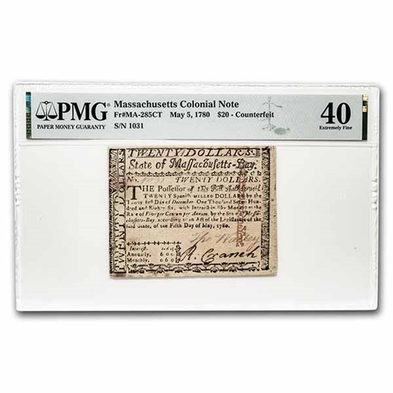 1780 $20 Massachusetts 5/5/1780 XF-40 PMG (Fr#MA-285)Counterfeit 1780 $20 Massachusetts 5/5/1780 XF-40 PMG (Fr#MA-285)Counterfeit