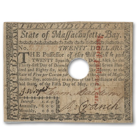 1780 $20 Massachusetts Currency 5/5/1780 VF (Cancelled) 1780 $20 Massachusetts Currency 5/5/1780 VF (Cancelled)