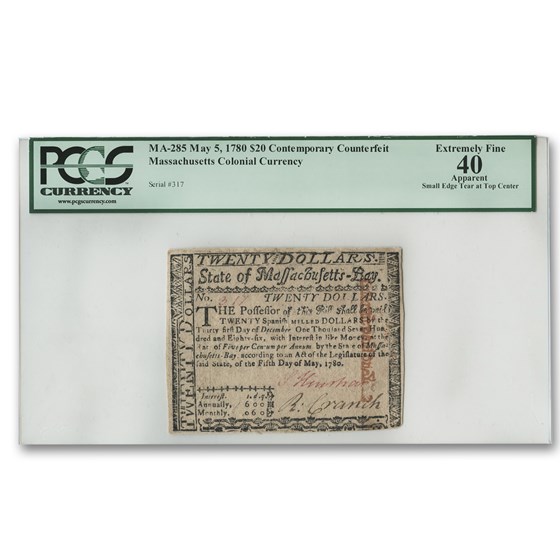 1780 $20 Massachusetts Currency 5/5/1780 XF-40 PCGS (Contemp CFT) 1780 $20 Massachusetts Currency 5/5/1780 XF-40 PCGS (Contemp CFT)