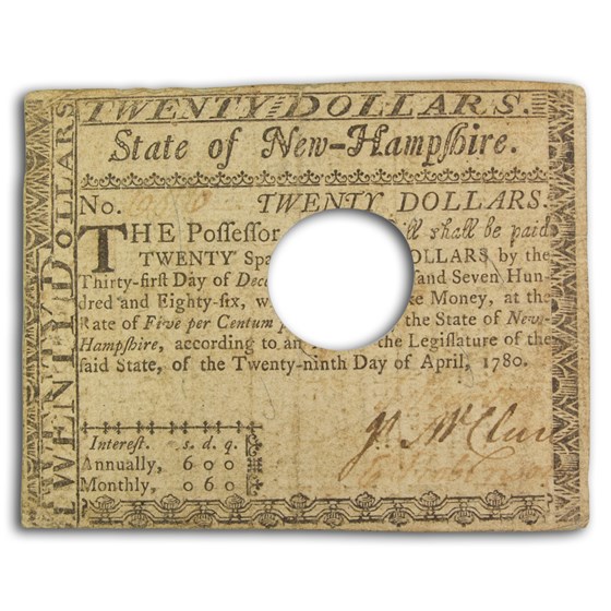 1780 $20 New Hampshire 4/29/1780 VF (Fr#NH-186) Cancelled 1780 $20 New Hampshire 4/29/1780 VF (Fr#NH-186) Cancelled