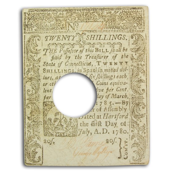 1780 20 Shillings Connecticut 7/1/80 AU+ (Fr#CT-238) Cancelled 1780 20 Shillings Connecticut 7/1/80 AU+ (Fr#CT-238) Cancelled