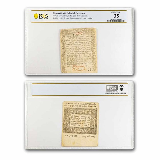 1780 20 Shillings CT 7/1/1780 CH VF-35 PCGS (Fr#CT-239) Cancelled