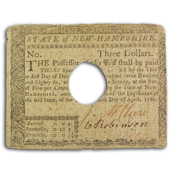 1780 $3 New Hampshire 4/29/1780 Fine (Fr#NH-181) Cancelled 1780 $3 New Hampshire 4/29/1780 Fine (Fr#NH-181) Cancelled