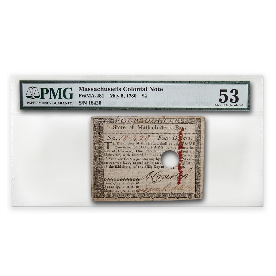 1780 $4 MA 5/5/1780 AU-53 PMG (Fr#MA-281) Cancelled
