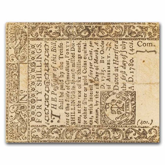 1780 40 Shillings Connecticut 7/1/80 VF (Fr#CT-240) Repaired 1780 40 Shillings Connecticut 7/1/80 VF (Fr#CT-240) Repaired
