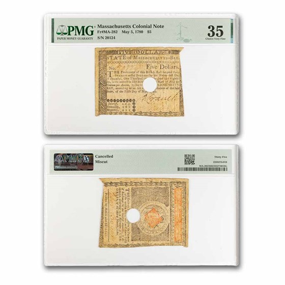1780 $5 Massachusetts 5/5/1780 VF-35 PMG (Fr#MA-282) Details