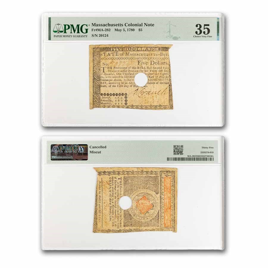 1780 $5 Massachusetts 5/5/1780 VF-35 PMG (Fr#MA-282) Details