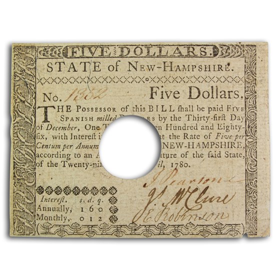 1780 $5 New Hampshire 4/29/1780 XF (Fr#NH-183) Cancelled 1780 $5 New Hampshire 4/29/1780 XF (Fr#NH-183) Cancelled