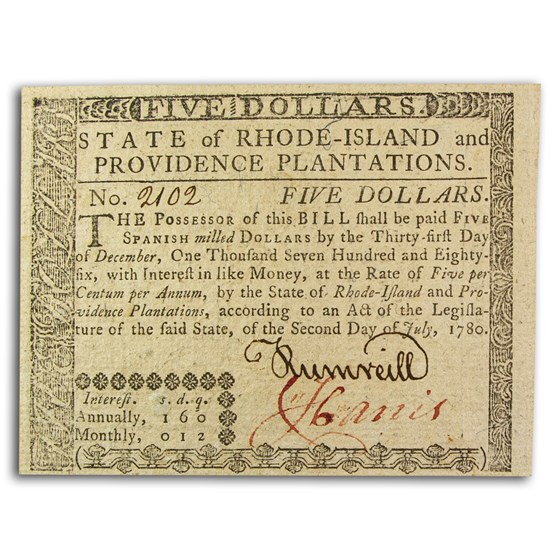 1780 $5 Rhode Island 7/2/1780 CU (Fr#RI-286) 1780 $5 Rhode Island 7/2/1780 CU (Fr#RI-286)