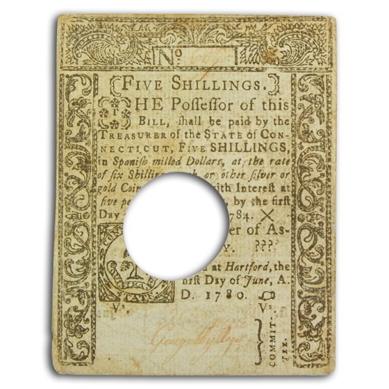 1780 5 Shillings Connecticut 6/1/80 VF+ (Fr#CT-229) Cancelled 1780 5 Shillings Connecticut 6/1/80 VF+ (Fr#CT-229) Cancelled