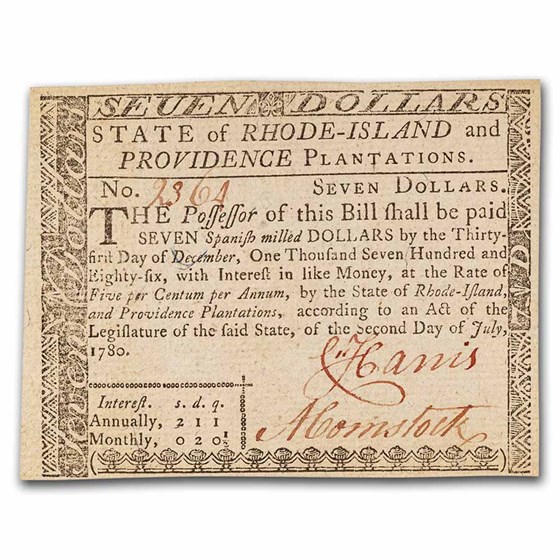 1780 $7 Rhode Island 7/2/1780 CU (Fr#RI-287) 1780 $7 Rhode Island 7/2/1780 CU (Fr#RI-287)