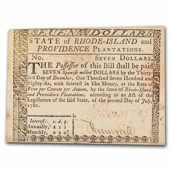 1780 $7 Rhode Island 7/2/1780 XF (Fr#RI-287) 1780 $7 Rhode Island 7/2/1780 XF (Fr#RI-287)