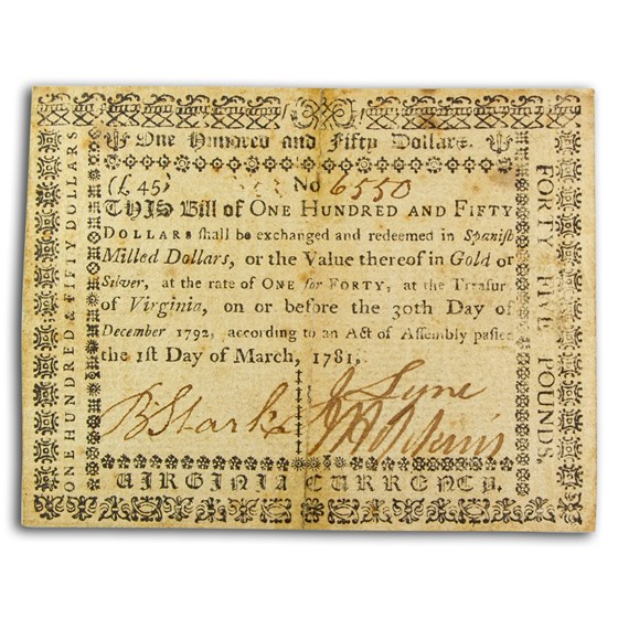 1781 $150 Virginia 3/1/1781 VF (Fr#VA-206) 1781 $150 Virginia 3/1/1781 VF (Fr#VA-206)