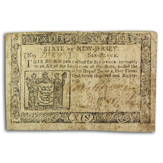 1781 6 Pence New Jersey 1/9/1781 Fine (Fr#NJ-192) 1781 6 Pence New Jersey 1/9/1781 Fine (Fr#NJ-192)