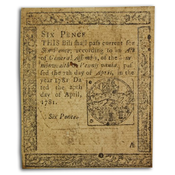1781 6 Pence Pennsylvania 4/20/1781 VF (Fr#PA-242) 1781 6 Pence Pennsylvania 4/20/1781 VF (Fr#PA-242)