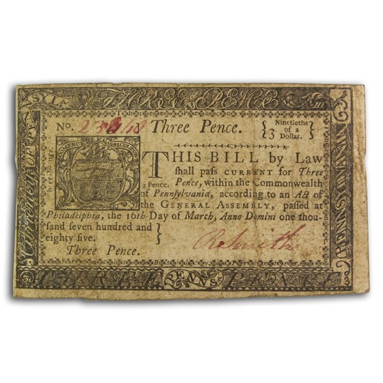 1785 3 Pence Pennsylvania 3/16/1785 VF (Fr#PA-265) 1785 3 Pence Pennsylvania 3/16/1785 VF (Fr#PA-265)