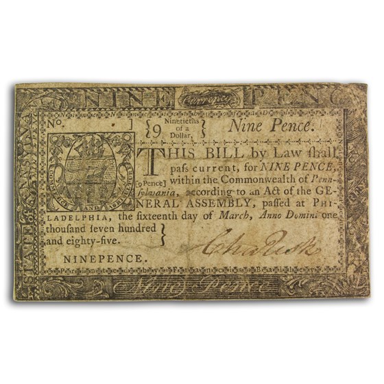 1785 9 Pence Pennsylvania 3/16/1785 VF (Fr#PA-266) 1785 9 Pence Pennsylvania 3/16/1785 VF (Fr#PA-266)