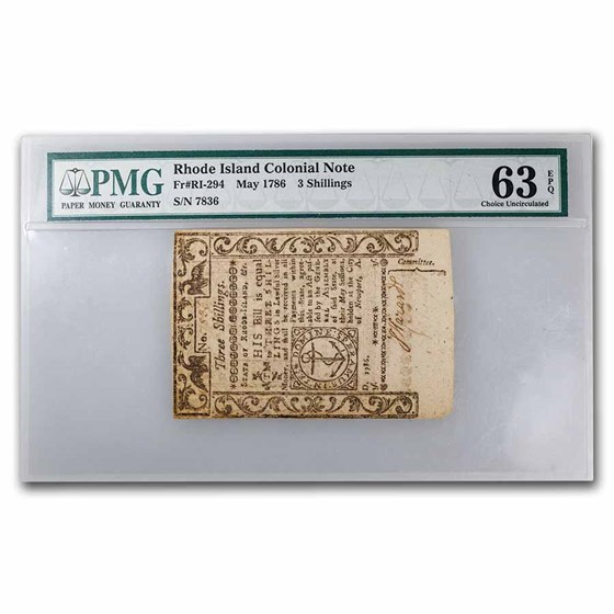1786 3 Shillings Rhode Island May 1786 CU-63 EPQ PMG (Fr#RI-294) 1786 3 Shillings Rhode Island May 1786 CU-63 EPQ PMG (Fr#RI-294)