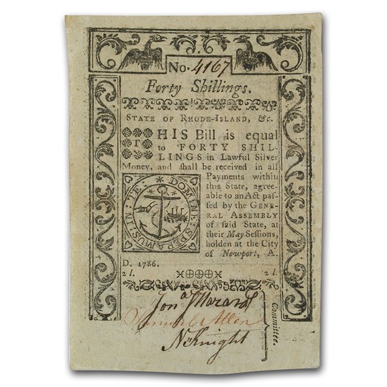 1786 40 Shillings Rhode Island Currency May 1786 AU 1786 40 Shillings Rhode Island Currency May 1786 AU