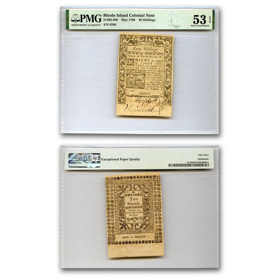 1786 40 Shillings Rhode Island May 1786 AU-53 EPQ PMG (Fr#RI-300)
