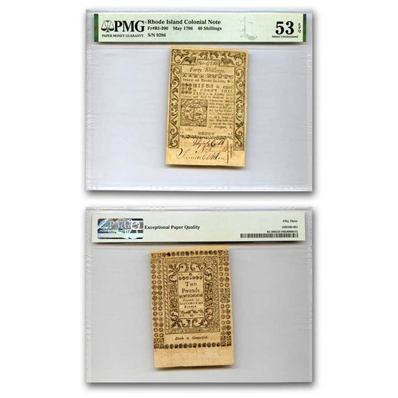 1786 40 Shillings Rhode Island May 1786 AU-53 EPQ PMG (Fr#RI-300) 1786 40 Shillings Rhode Island May 1786 AU-53 EPQ PMG (Fr#RI-300)
