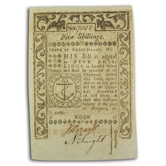 1786 5 Shillings Rhode Island 5/1786 CU (Fr#RI-295) 1786 5 Shillings Rhode Island 5/1786 CU (Fr#RI-295)
