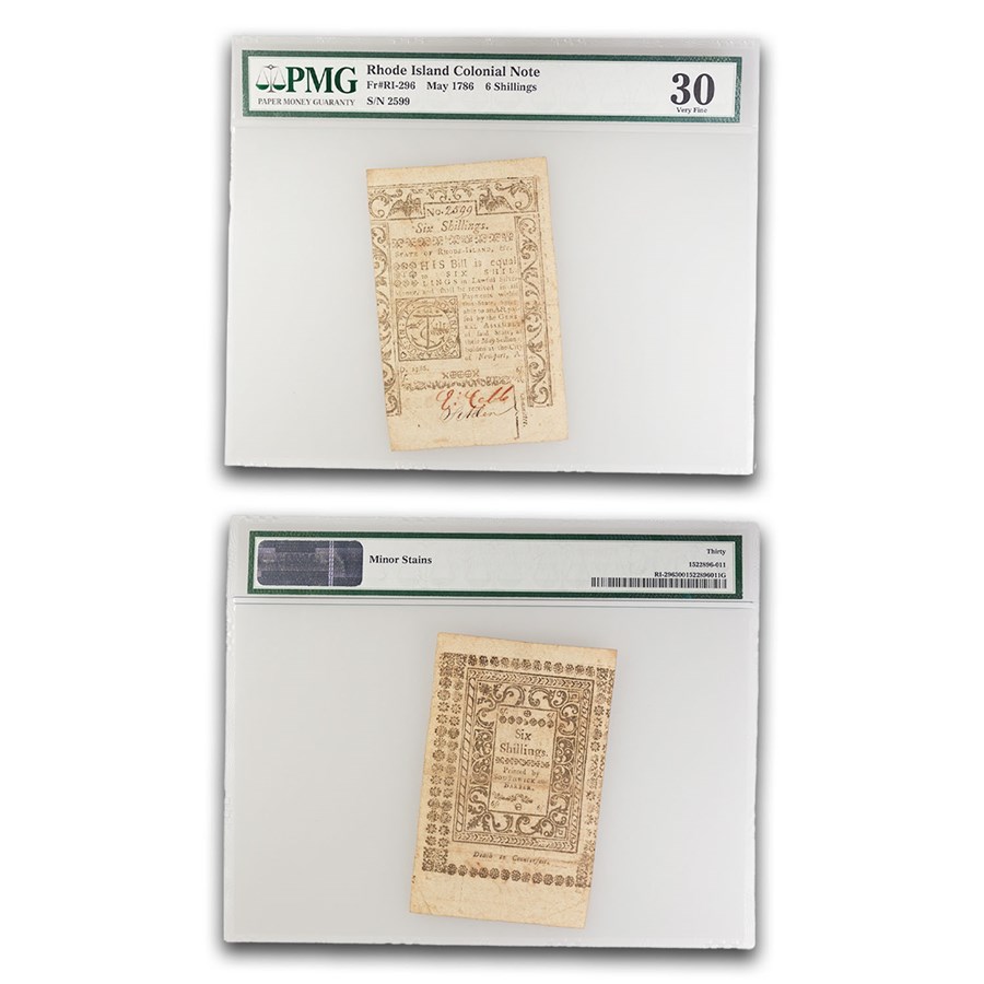 1786 6 Shillings Rhode Island May 1786 VF-30 PMG (Fr#RI-296)