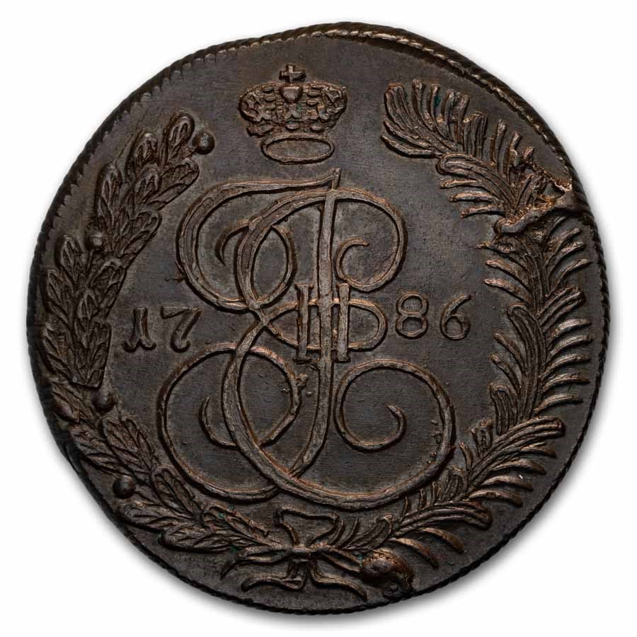 1786-KM Russia Copper 5 Kopeks Catherine the Great BU (Brown)