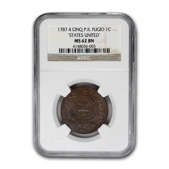 1787 Fugio Cent MS-62 NGC (BN, 4 Cinquefoils, P.R. States United) 1787 Fugio Cent MS-62 NGC (BN, 4 Cinquefoils, P.R. States United)