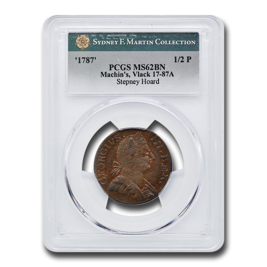 1787 Machin's MIlls Half Penny MS-62 PCGS (Brown, Vlack 17-87A)
