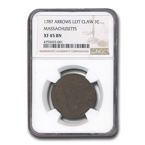 1787 Massachusetts Cent XF-45 NGC (Brown, Arrows Left Claw) 1787 Massachusetts Cent XF-45 NGC (Brown, Arrows Left Claw)