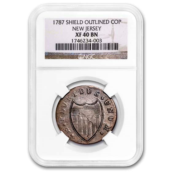 1787 New Jersey Copper Cent Shield Outlined XF-40 NGC (Brown) 1787 New Jersey Copper Cent Shield Outlined XF-40 NGC (Brown)
