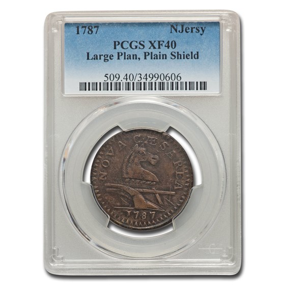 1787 New Jersey Copper Cent XF-40 PCGS (Large Plan. Plain Shield) 1787 New Jersey Copper Cent XF-40 PCGS (Large Plan. Plain Shield)