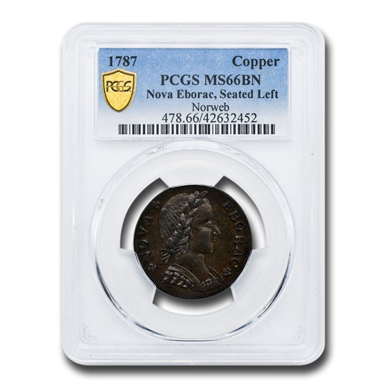1787 Nova Eborac Seated Left MS-66 PCGS (Brown) 1787 Nova Eborac Seated Left MS-66 PCGS (Brown)