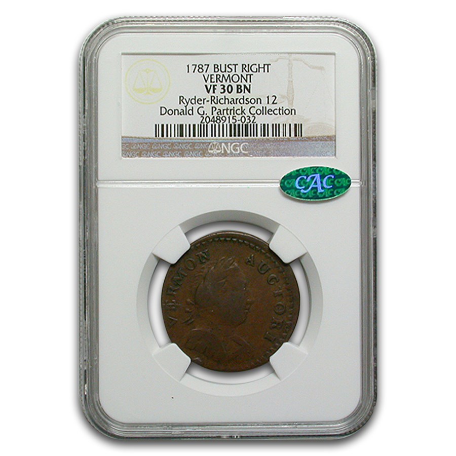 1787 Vermont Bust Right VF-30 NGC CAC (Brown)