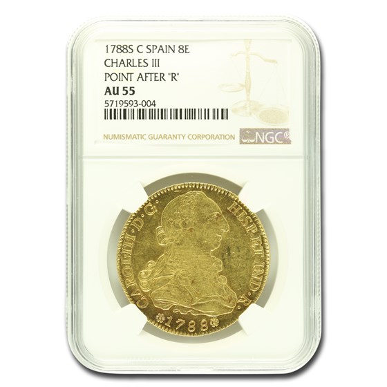 1788-M MF Spain AV 8 Escudo Charles III AU-55 NGC (Point after R) 1788-M MF Spain AV 8 Escudo Charles III AU-55 NGC (Point after R)