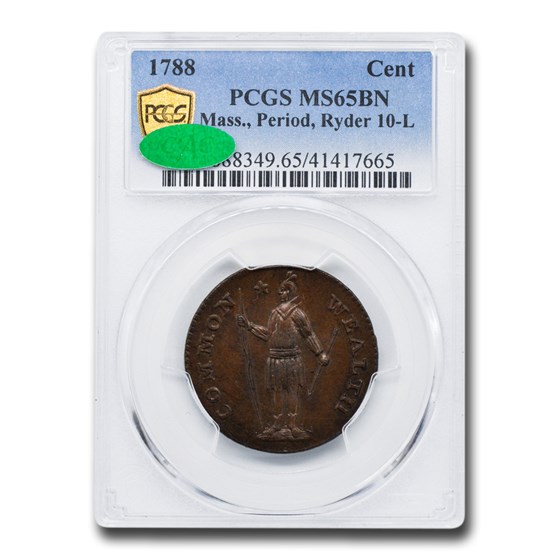 1788 Massachusetts Cent MS-65 PCGS CAC (BN, Period, Ryder 10-L) 1788 Massachusetts Cent MS-65 PCGS CAC (BN, Period, Ryder 10-L)